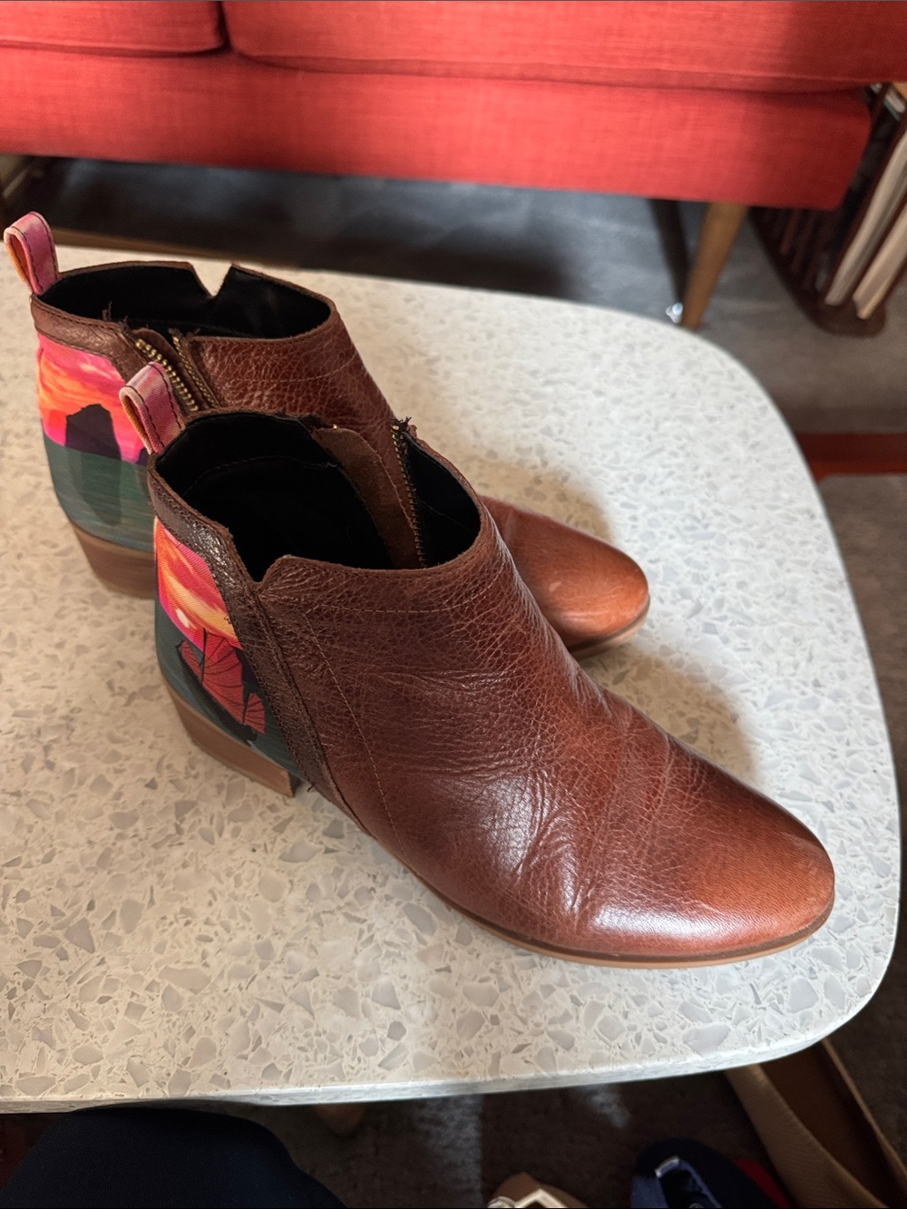 inkkas Brown Leather Ankle Booties with Sunset Art painting Heel Accent